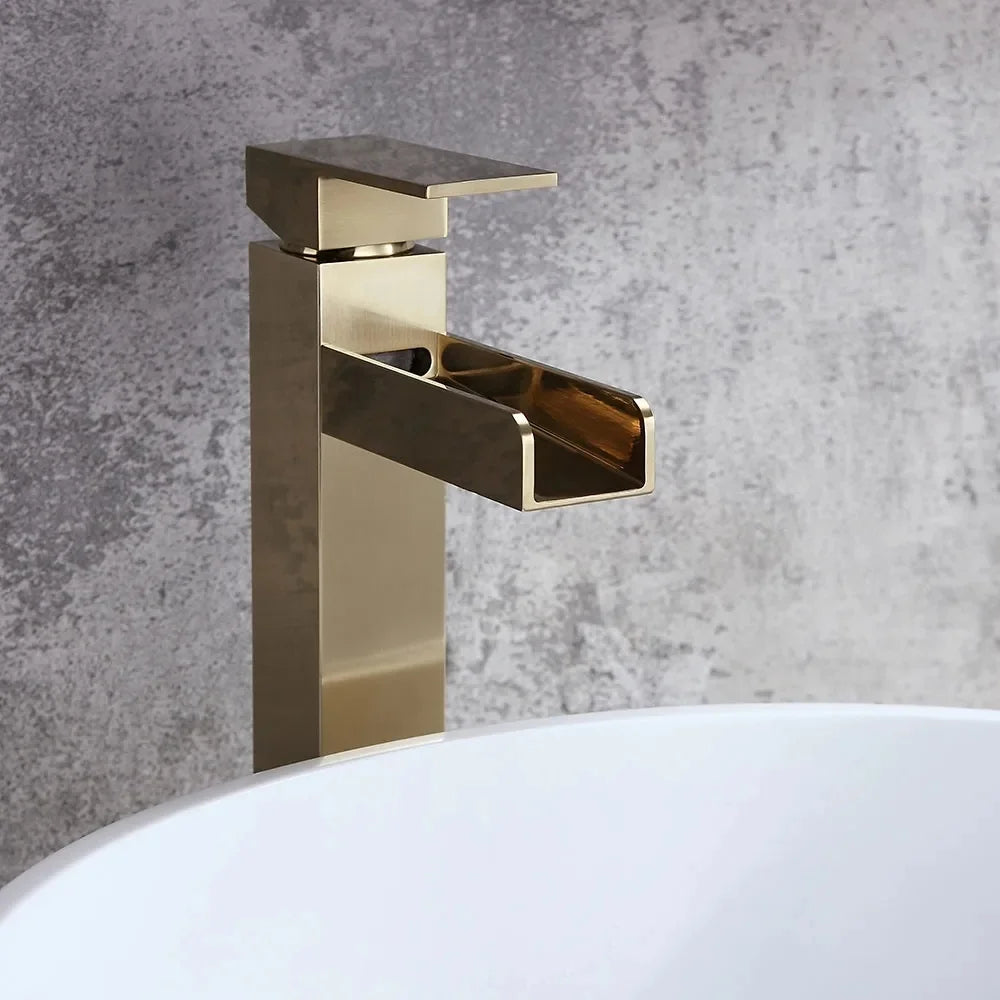 Brushed Gold Single Handle Waterfall Bathroom Vessel Sink Faucet Z97469