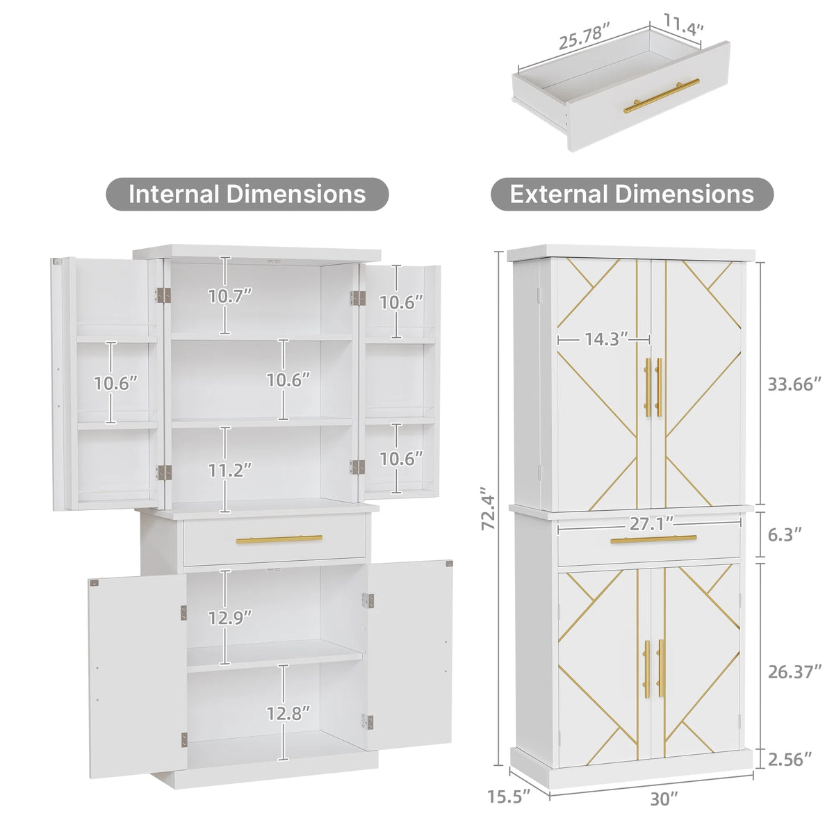 White 4 Door Freestanding Kitchen Pantry Storage Cabinet with Drawer and Adjustable Shelf V972438