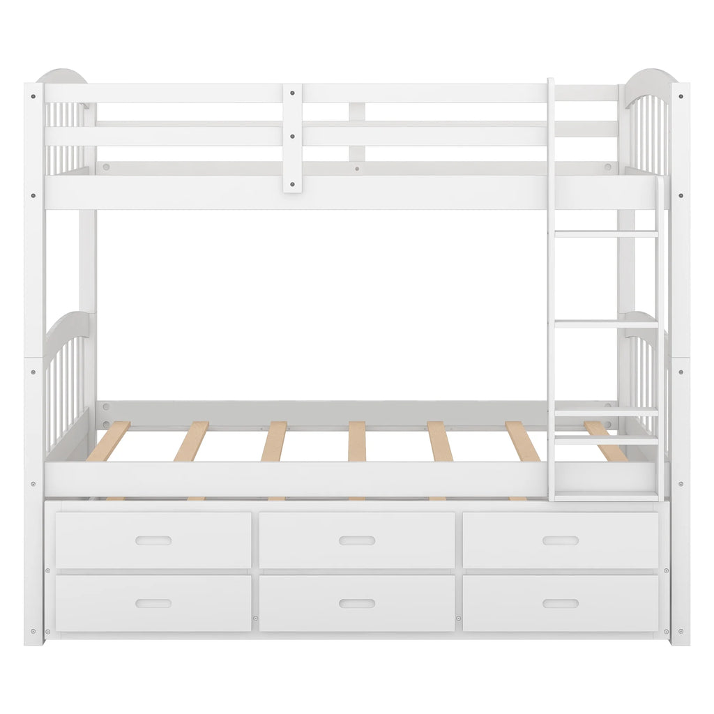 Twin Over Twin Wood Bunk Bed with Trundle and Drawers Y369