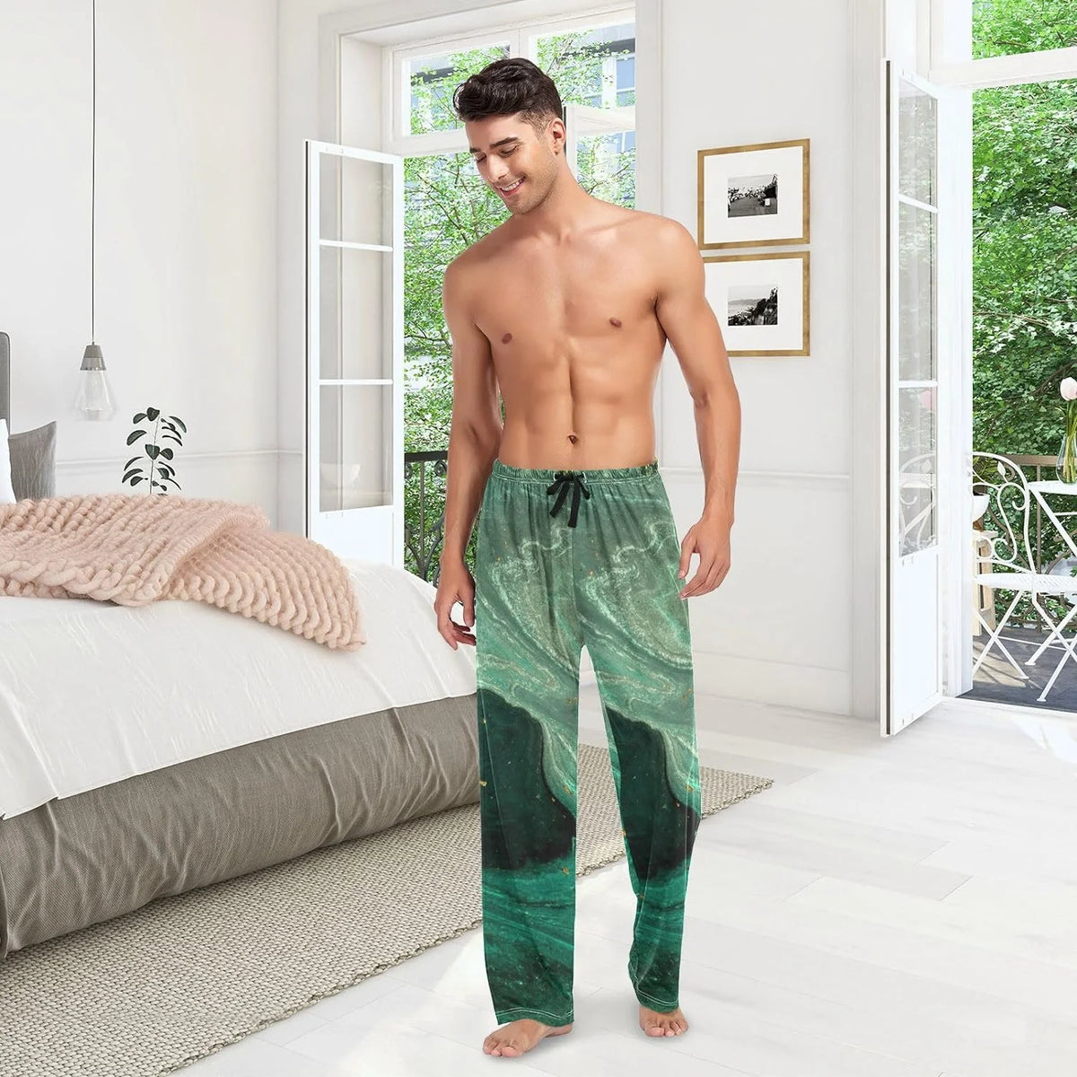 Teal Green Gold Marble Cotton Pajama Pants Y424556