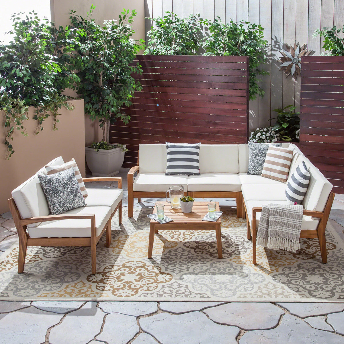 Acacia Wood 7 Seater Sectional Sofa and Loveseat Chat Set with Cushions K898