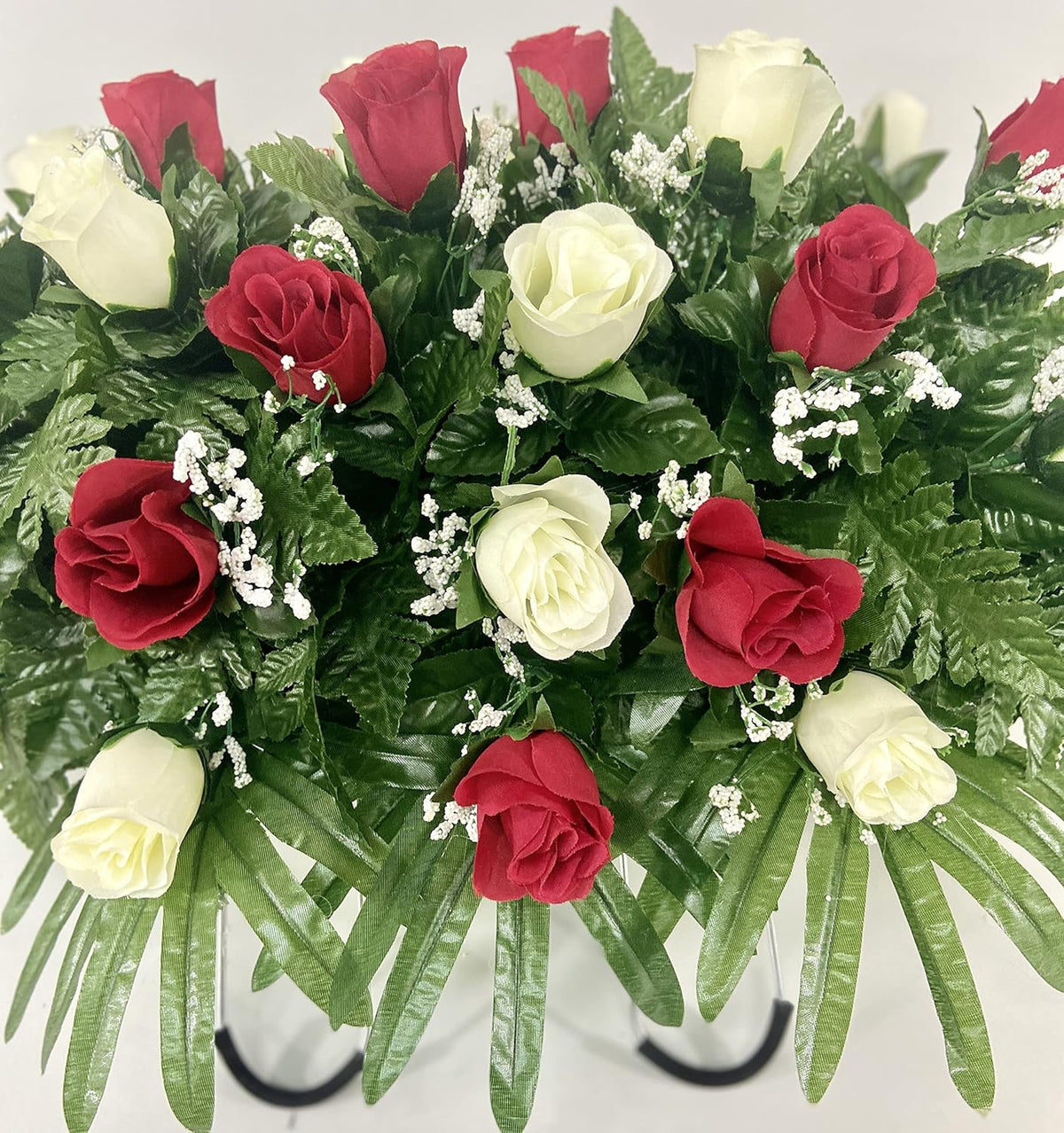 Red and Cream Roses Cemetery Headstone Saddle Flower Arrangement J8523