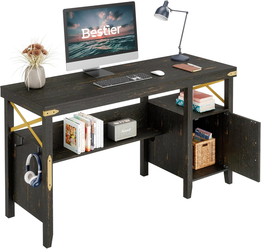 Gray Farmhouse Computer Desk with Storage Cabinet and Bookshelf E13037