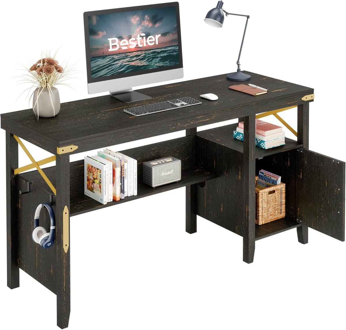 Gray Farmhouse Computer Desk with Storage Cabinet and Bookshelf E13037