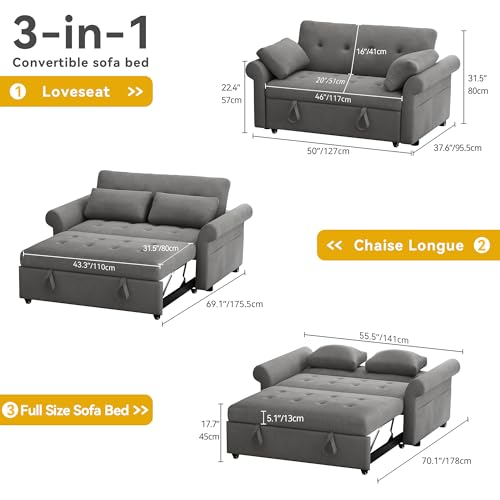 Blue Gray 55'' Convertible Sleeper Sofa with Pullout Bed and 2 Pillows G558