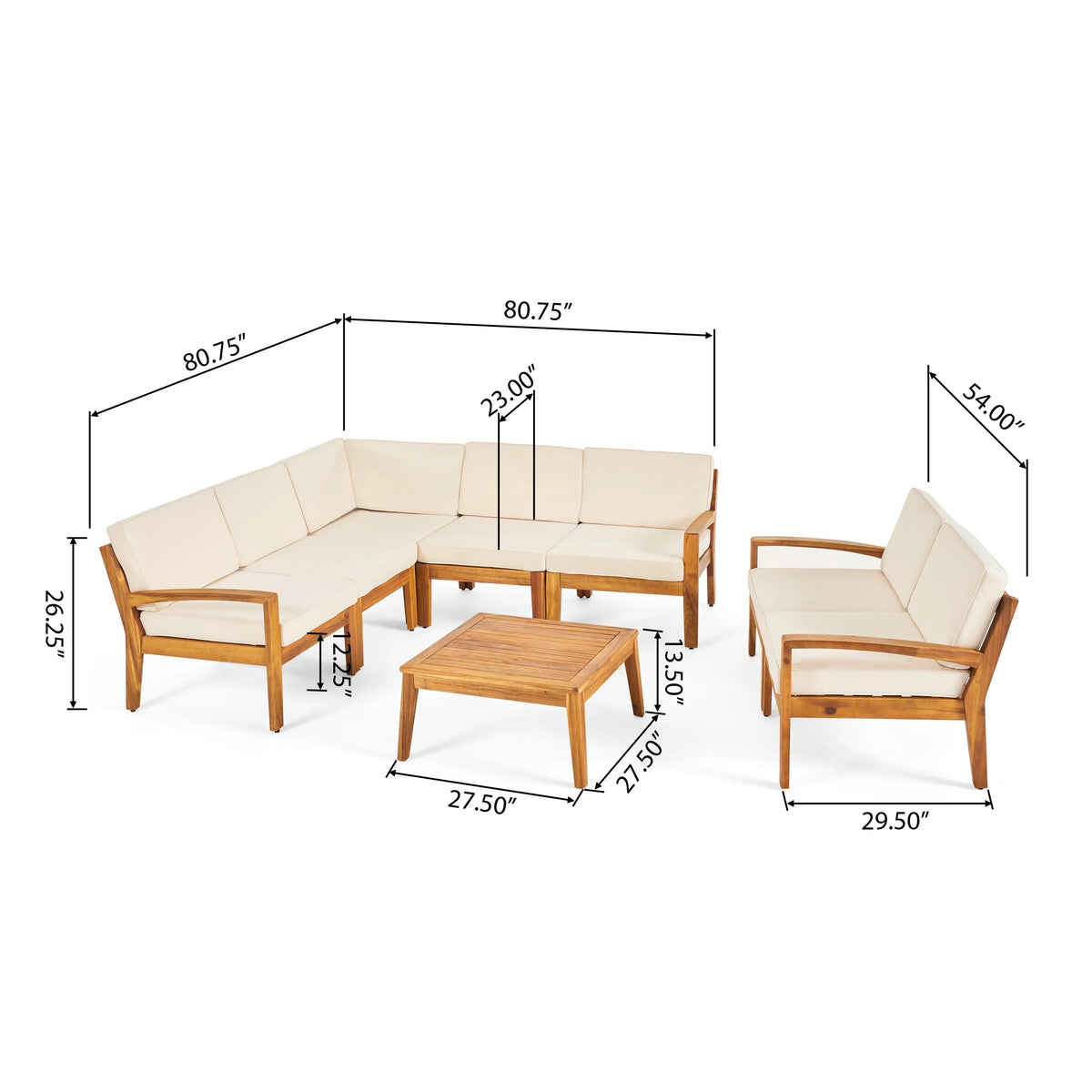 Acacia Wood 7 Seater Sectional Sofa and Loveseat Chat Set with Cushions K898