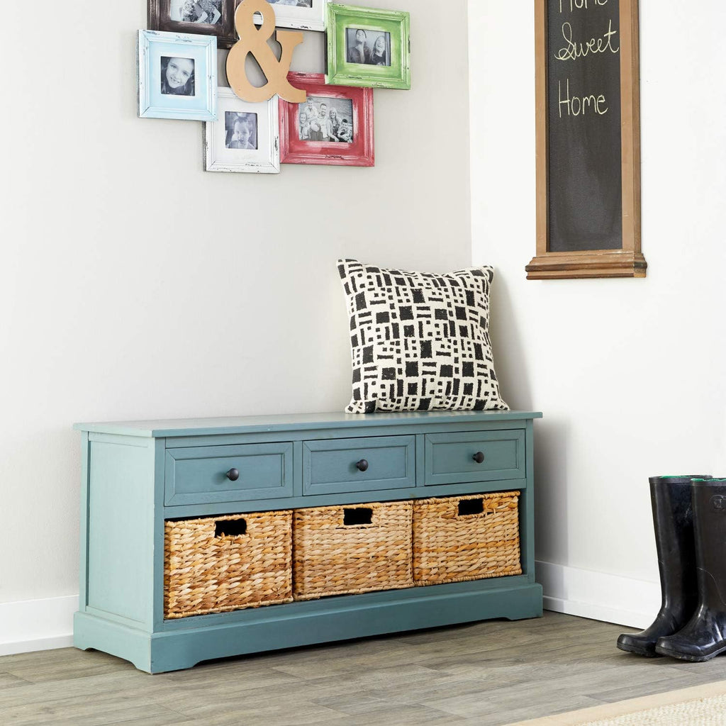 Aqua Wood Cabinet with Natural Wicker Storage Basket Drawers S791