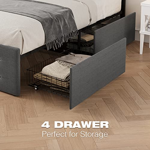 Grey Queen Size Upholstered Platform Bed Frame with 4 Storage Drawers S576616