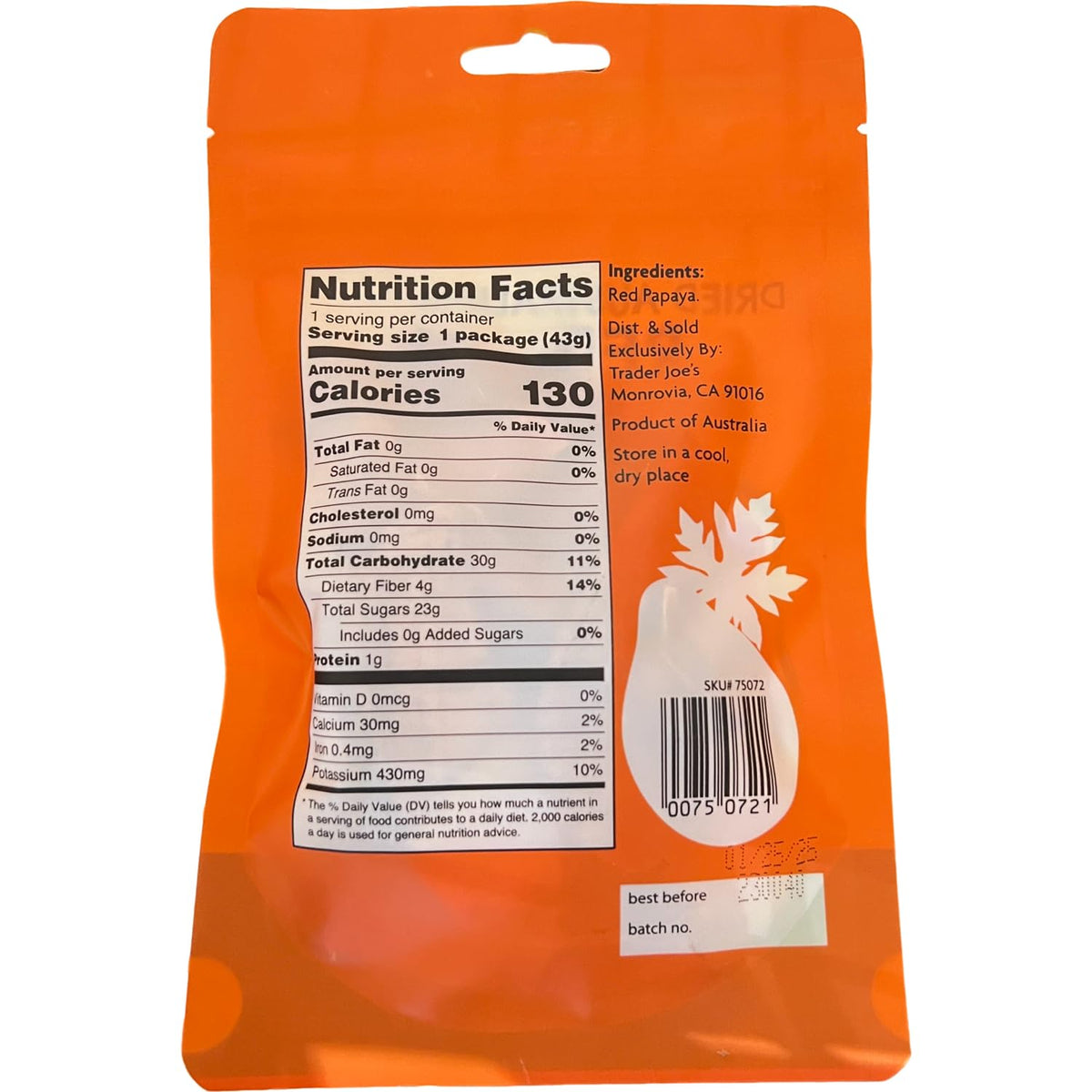 Dried Australian Red Papaya Unsweetened Unsulfured, 1.5 oz W95453