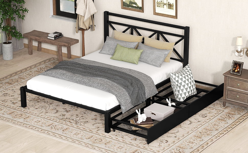 Metal Twin Size Platform Bed with Two Drawers K65478