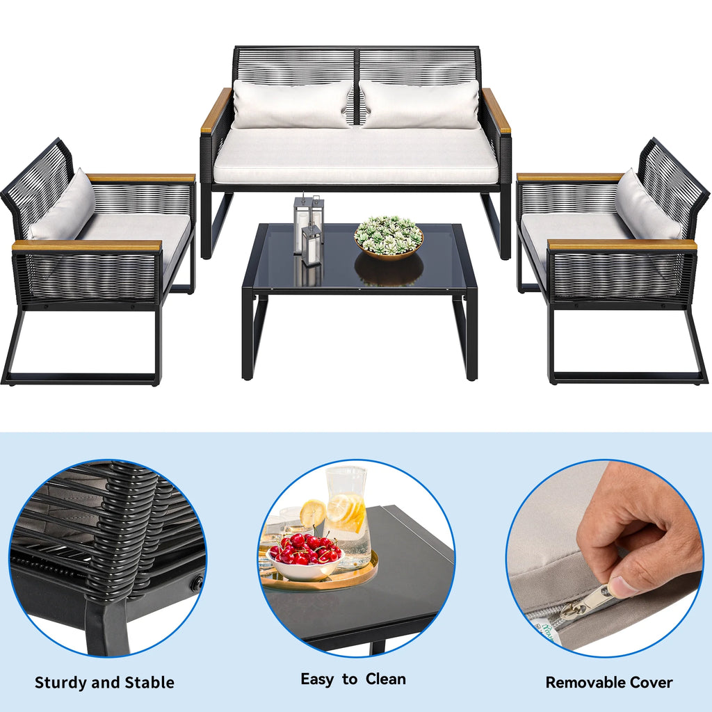4-Piece Rattan Patio Bistro Set with Gray Cushions and Metal Coffee Table G73157