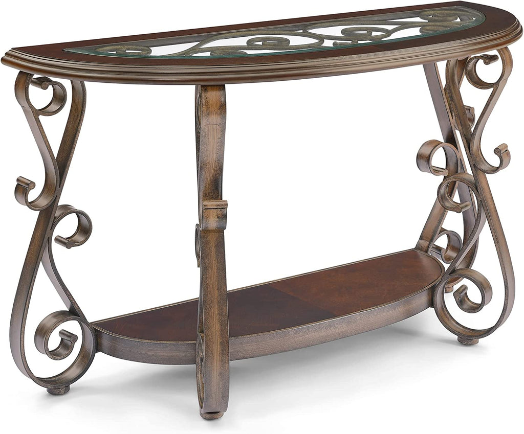 Half Sofa Table with Beveled Glass Top and Scrollwork Metal Legs E139
