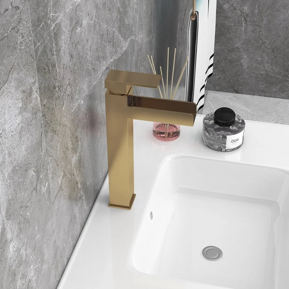 Brushed Gold Single Handle Waterfall Bathroom Vessel Sink Faucet Z97469