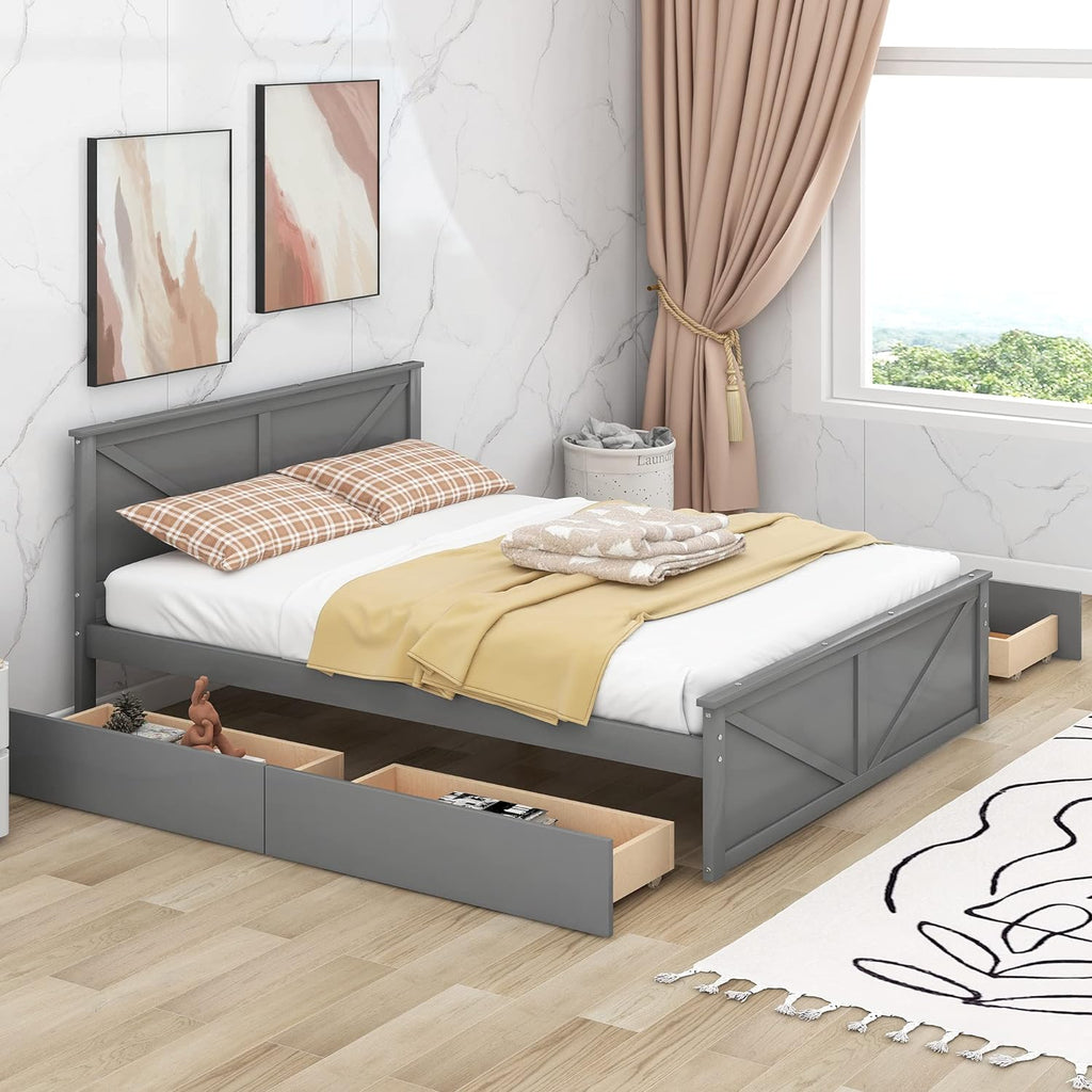 Gray Queen Wood Platform Bed with 4 Storage Drawers M922873