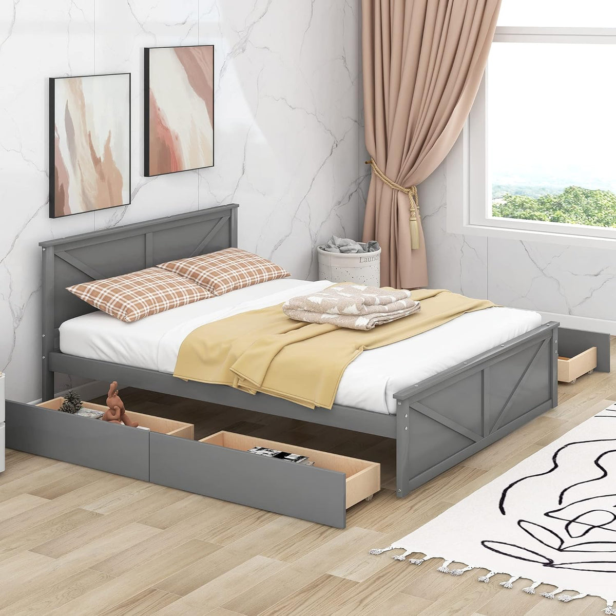 Gray Queen Wood Platform Bed with 4 Storage Drawers M922873