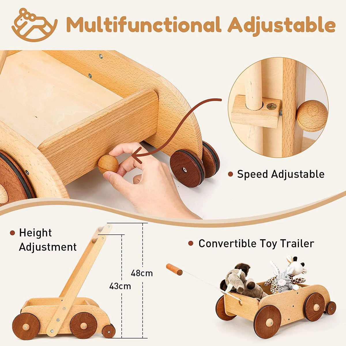 Wooden Baby Walker Push and Pull Toy Wagon U618