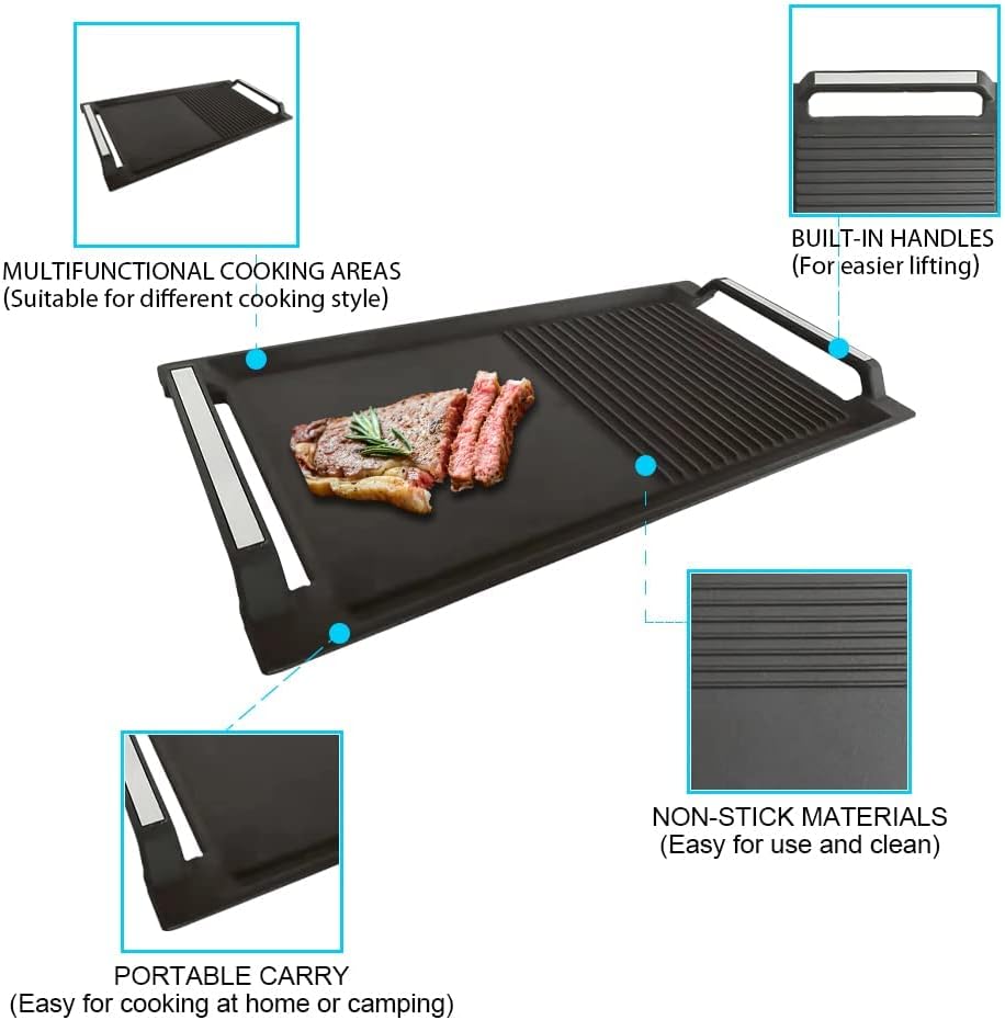 Cast Iron Rectangular Griddle Pan with 2 Handles, Flat and Ridged Surface, 16.7 x 9.1inch F243986