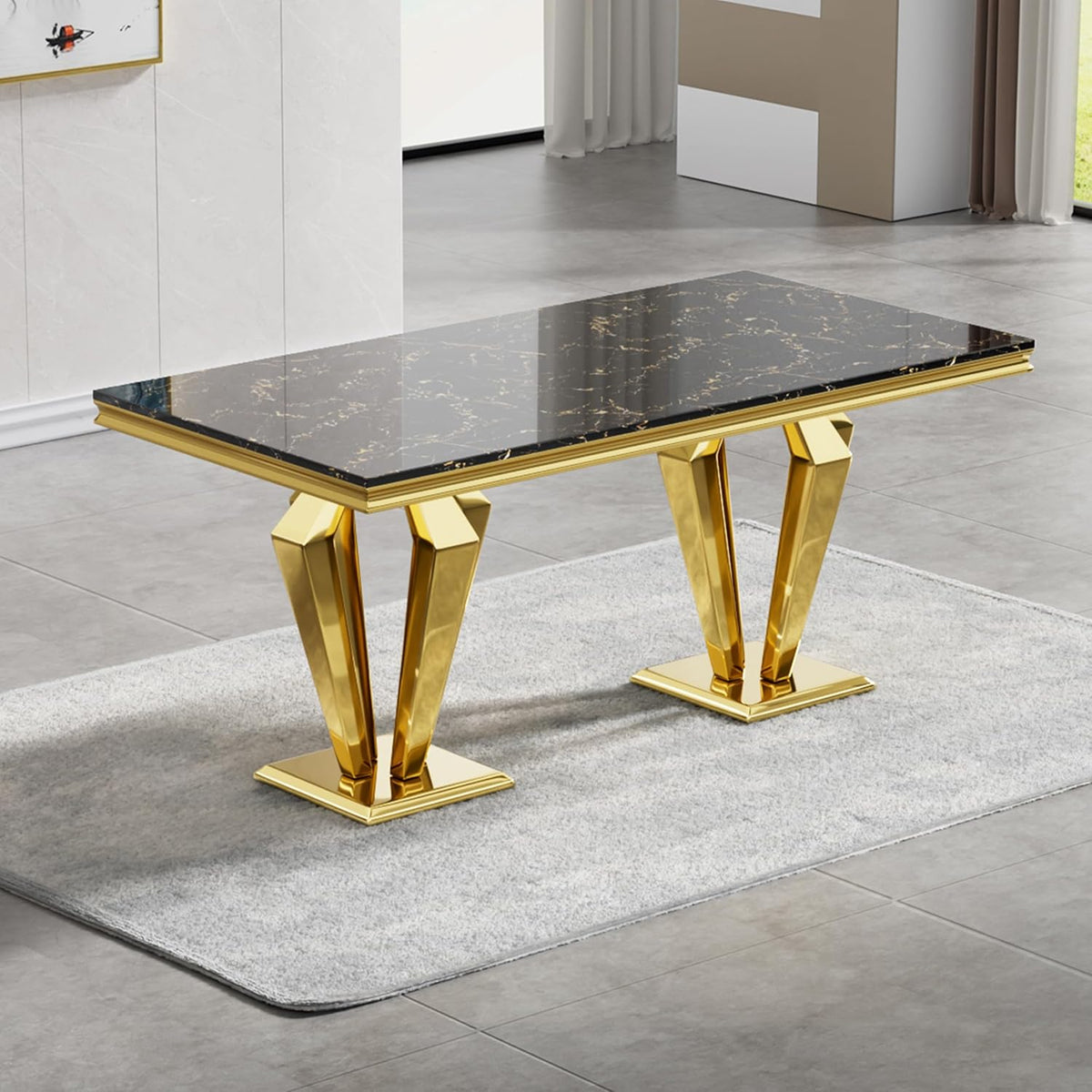 70" Black Gold Marble Dining Table Set with 6 PU Leather Chairs G483563