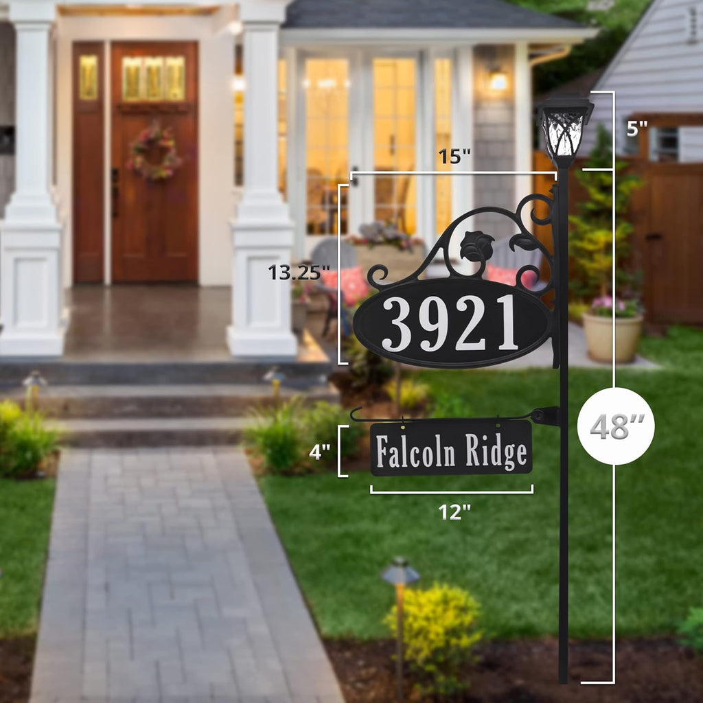 Handcrafted Oval Reflective Home Address Sign with Name Rider and Solar Light B79152