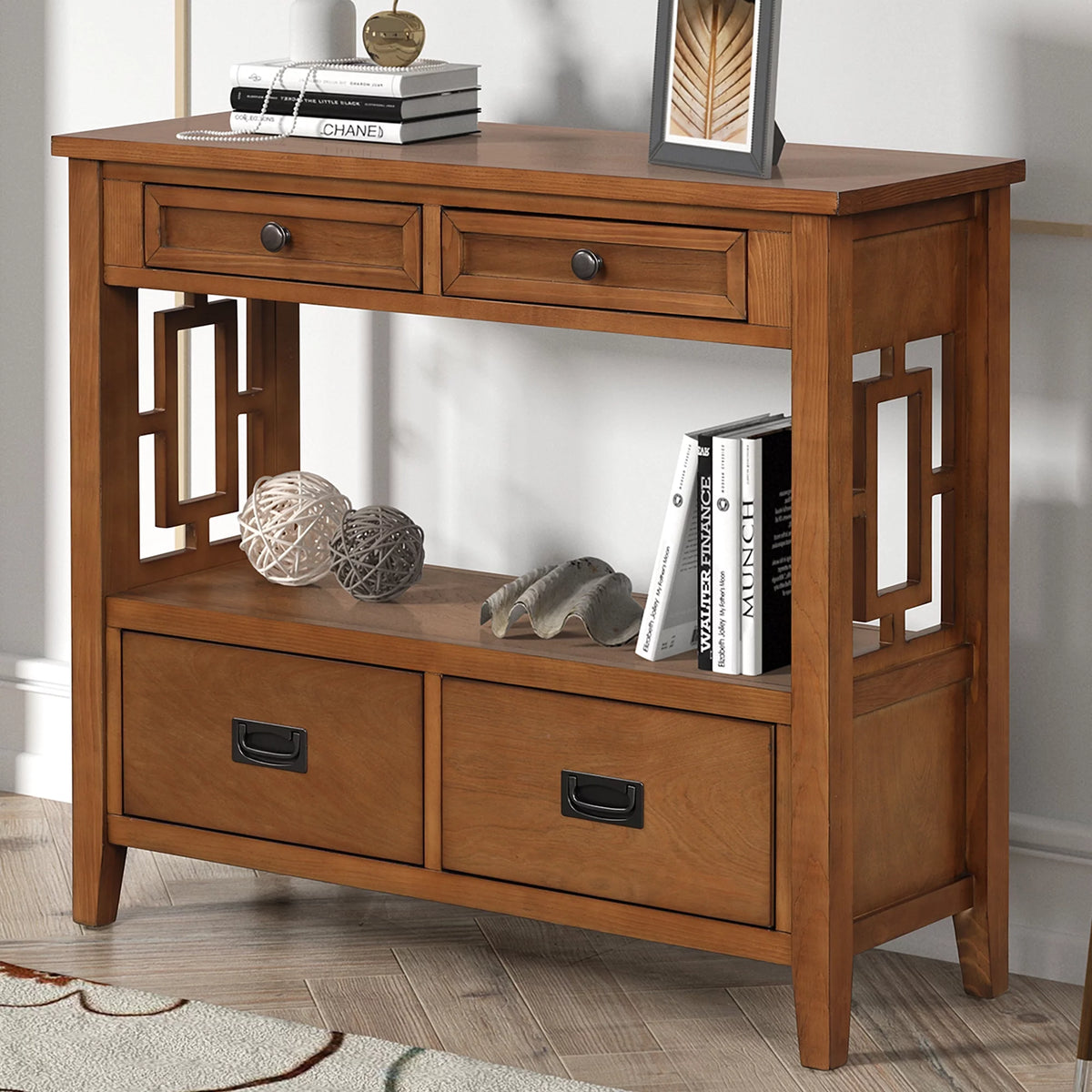 36'' Pine Wood Console Table with 4 Drawers & 1 Storage Shelf J90660