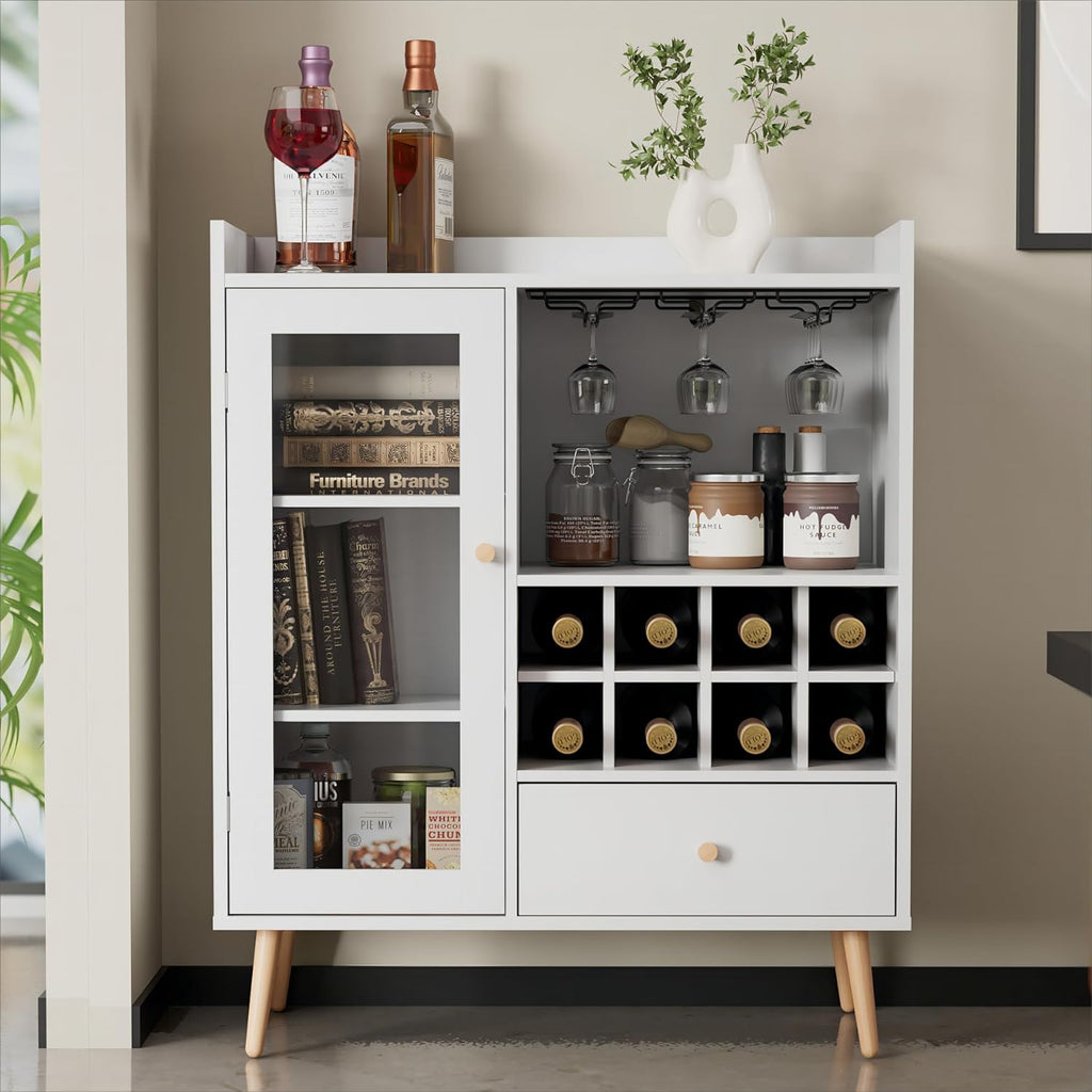 White Coffee Bar Cabinet with Storage, Mid-Century Modern Buffet Sideboard with Removable Wine Rack, Acrylic Door P7292