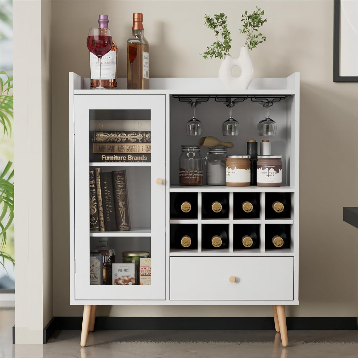 White Coffee Bar Cabinet with Storage, Mid-Century Modern Buffet Sideboard with Removable Wine Rack, Acrylic Door P7292