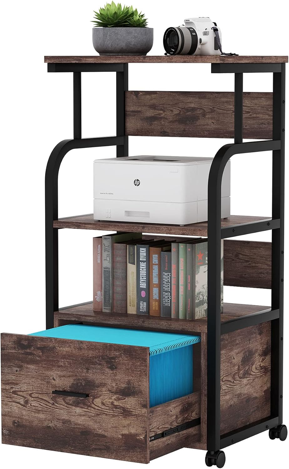 Black 3 Tier Mobile File Cabinet with Printer Shelf and Legal Size Drawer J7280