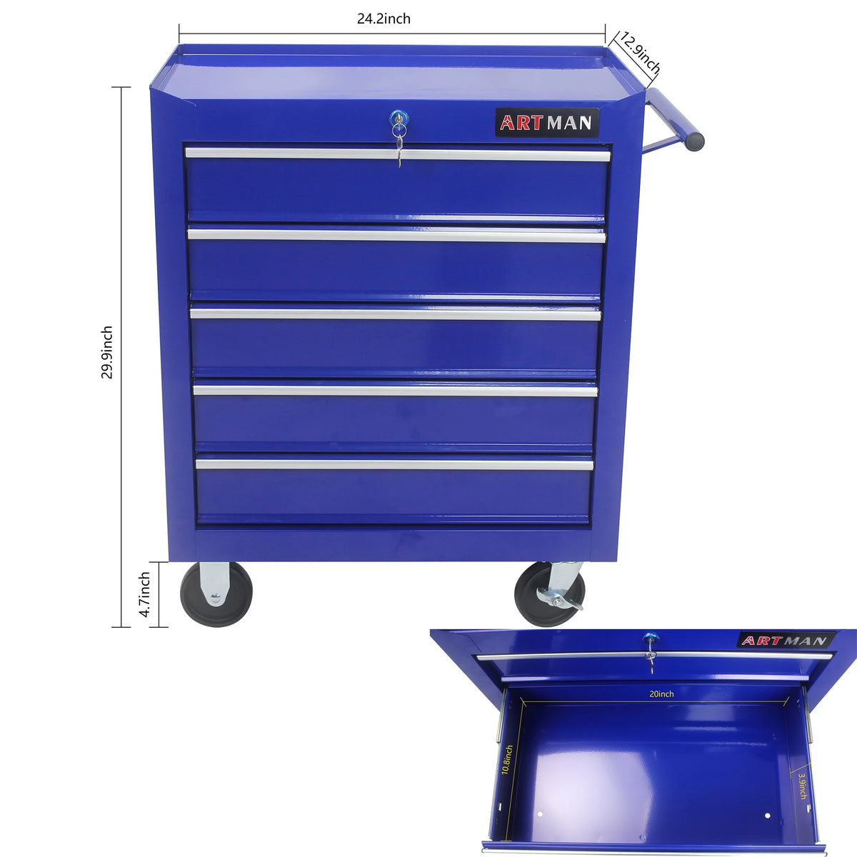 Blue 5 Drawers Rolling Tool Chest Cabinet with Wheels U731
