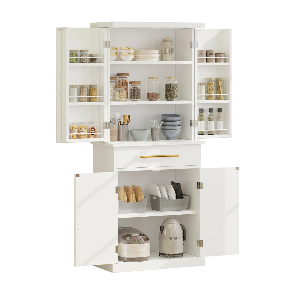 White 4 Door Freestanding Kitchen Pantry Storage Cabinet with Drawer and Adjustable Shelf V972438