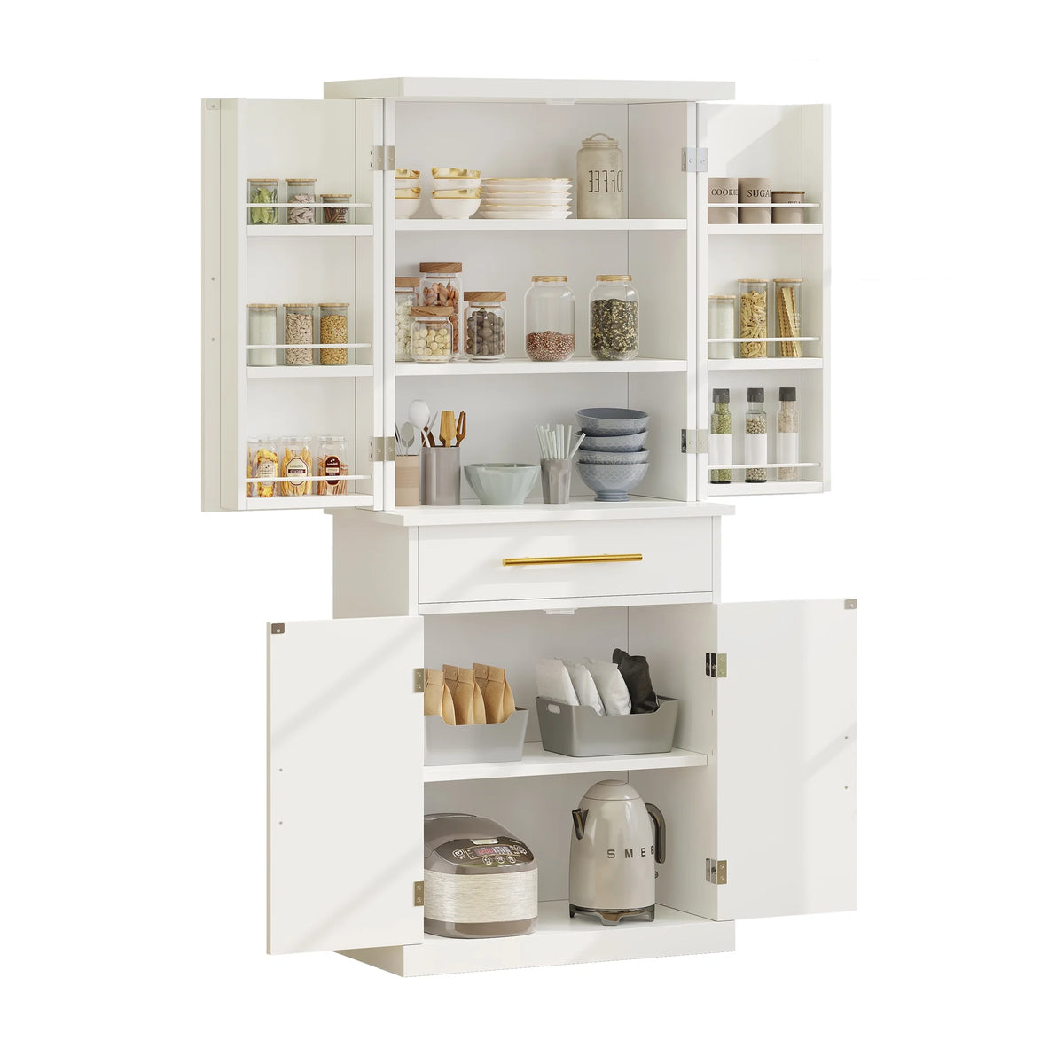 White 4 Door Freestanding Kitchen Pantry Storage Cabinet with Drawer and Adjustable Shelf V972438