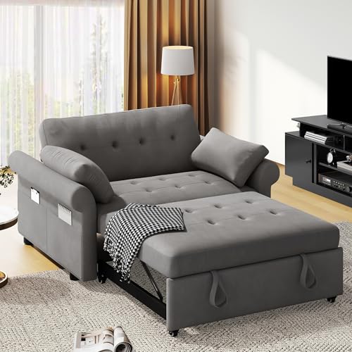 Blue Gray 55'' Convertible Sleeper Sofa with Pullout Bed and 2 Pillows G558