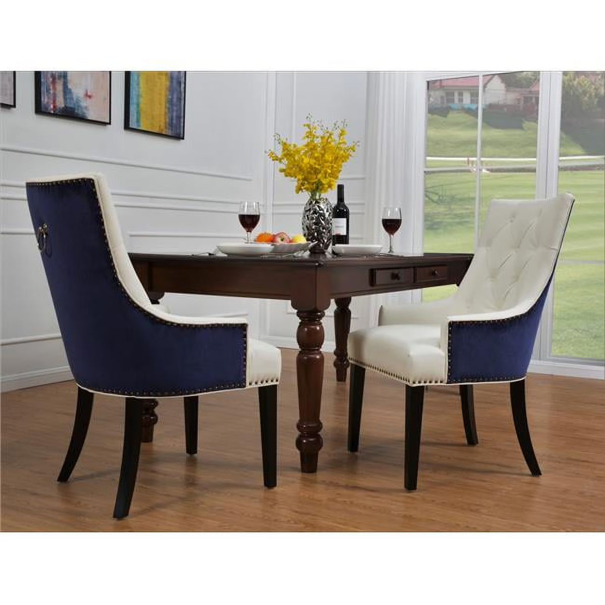 Navy & White Button Tufted PU Leather Dining Side Chair with Wooden Legs F71629
