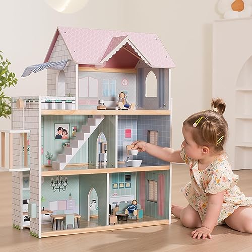 Large Pink Wooden Dollhouse with 15 Pcs Furniture & 3 Dolls H920