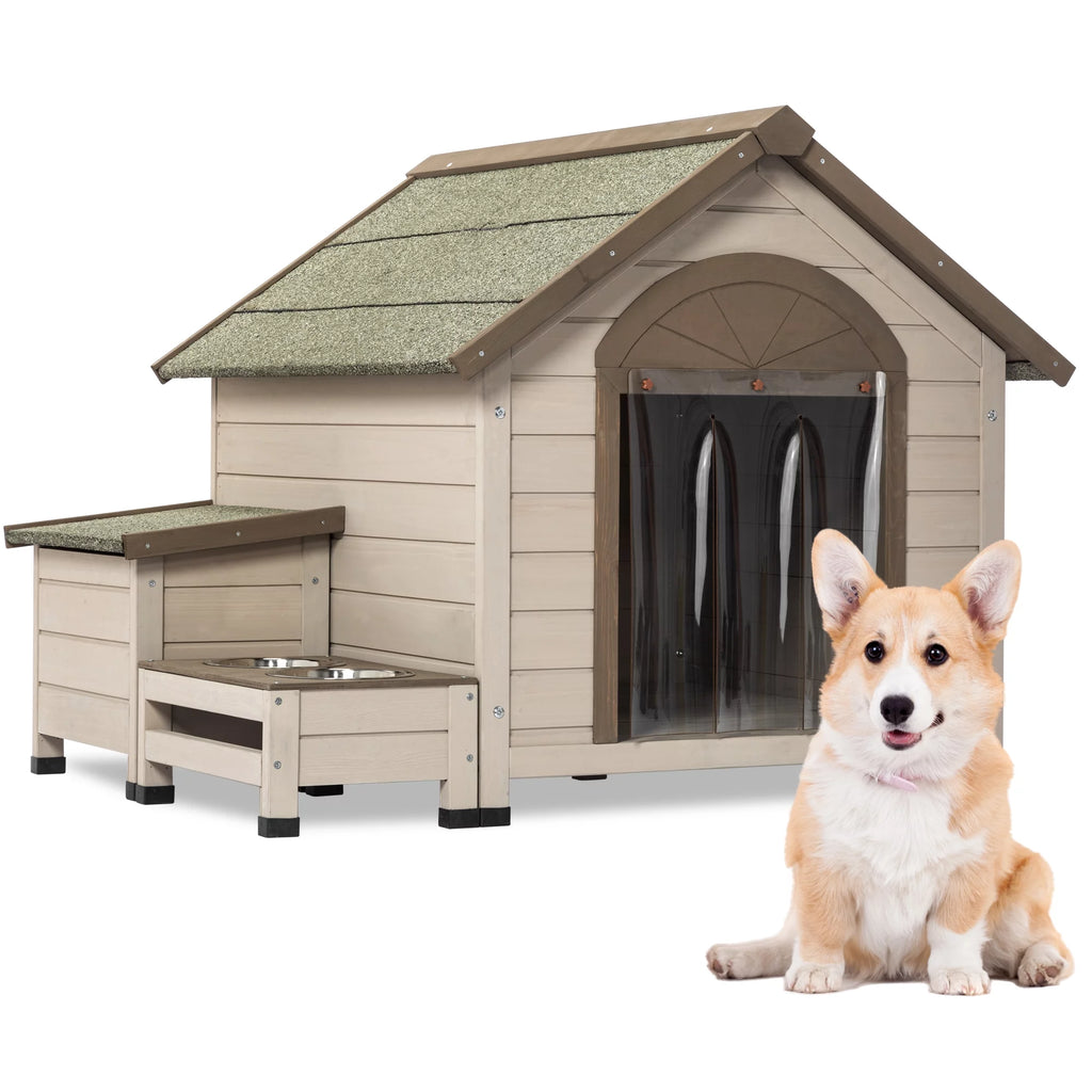 Outdoor Wood Dog House with Feeding Station and Storage Box Z89891