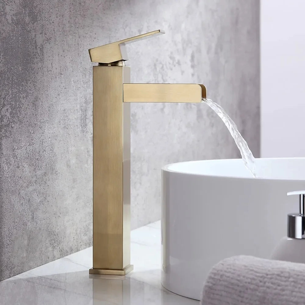 Brushed Gold Single Handle Waterfall Bathroom Vessel Sink Faucet Z97469