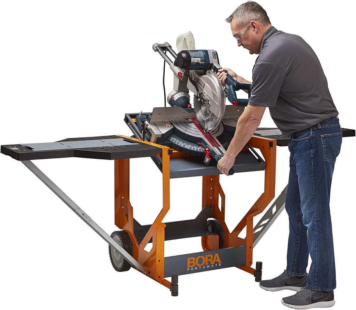 Miter Saw Workstation and Adjustable Pedestal Roller, Mobile Rolling Workbench with Additional Outfeed Support Pedestal Roller B642981