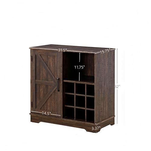 Gray Wash Coffee Bar Cabinet with Wine Rack Barn Door Buffet Sideboard P4118