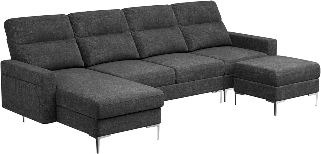 Modular U Shaped Fabric Sectional Sofa with Ottoman, 4 Seater, Metal Legs, Dark Grey E840