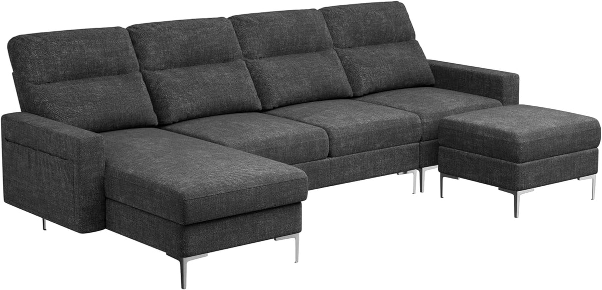 Modular U Shaped Fabric Sectional Sofa with Ottoman, 4 Seater, Metal Legs, Dark Grey E840