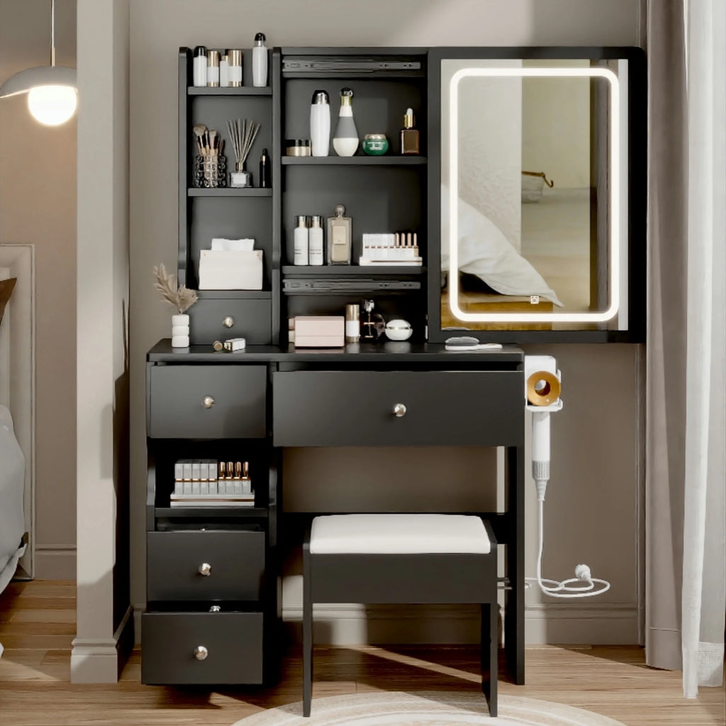 White Vanity Table with Lighted Mirror and Stool M44148