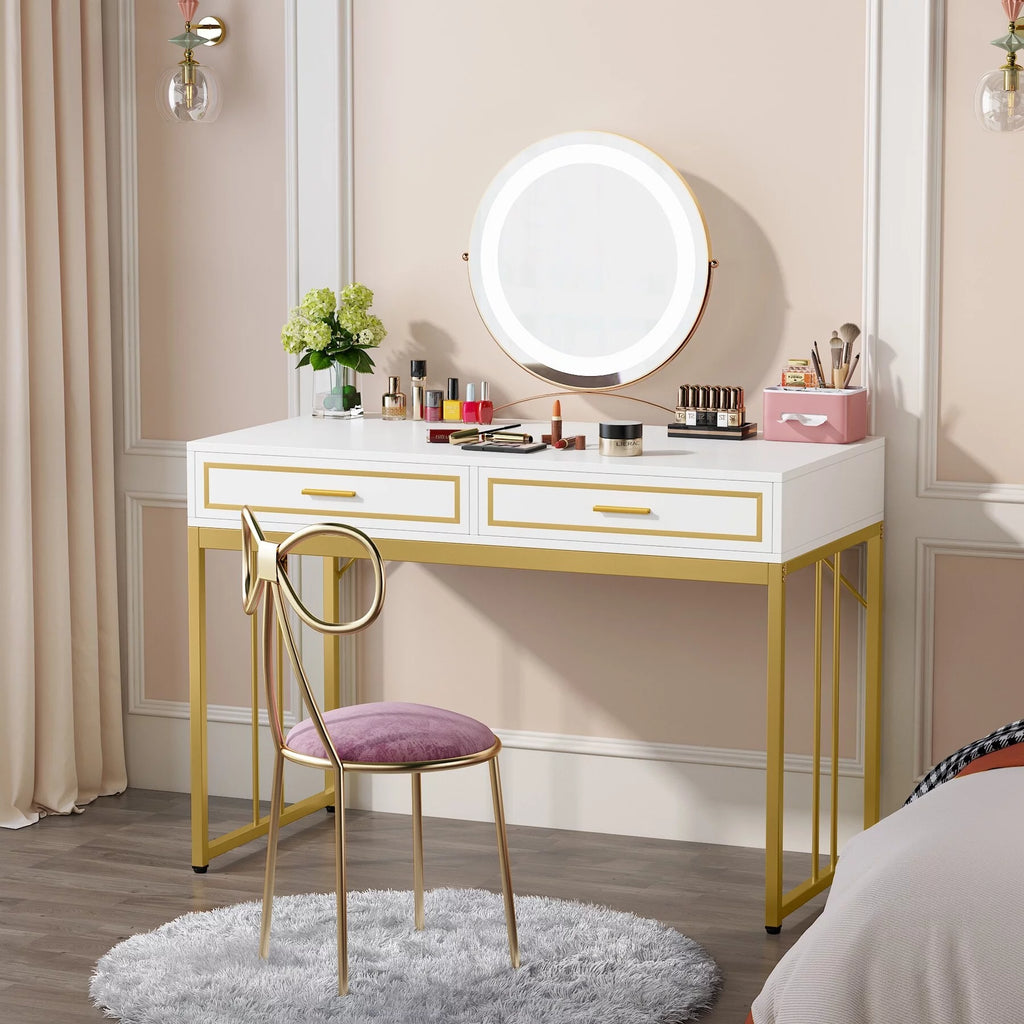 White and Gold Computer Writing Desk with 2 Drawers H636095