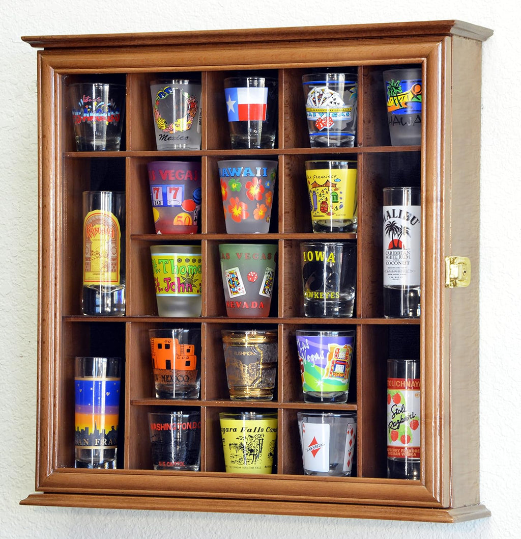 Walnut Lockable Wall Rack Display Case for 21 Shot Glasses U4677