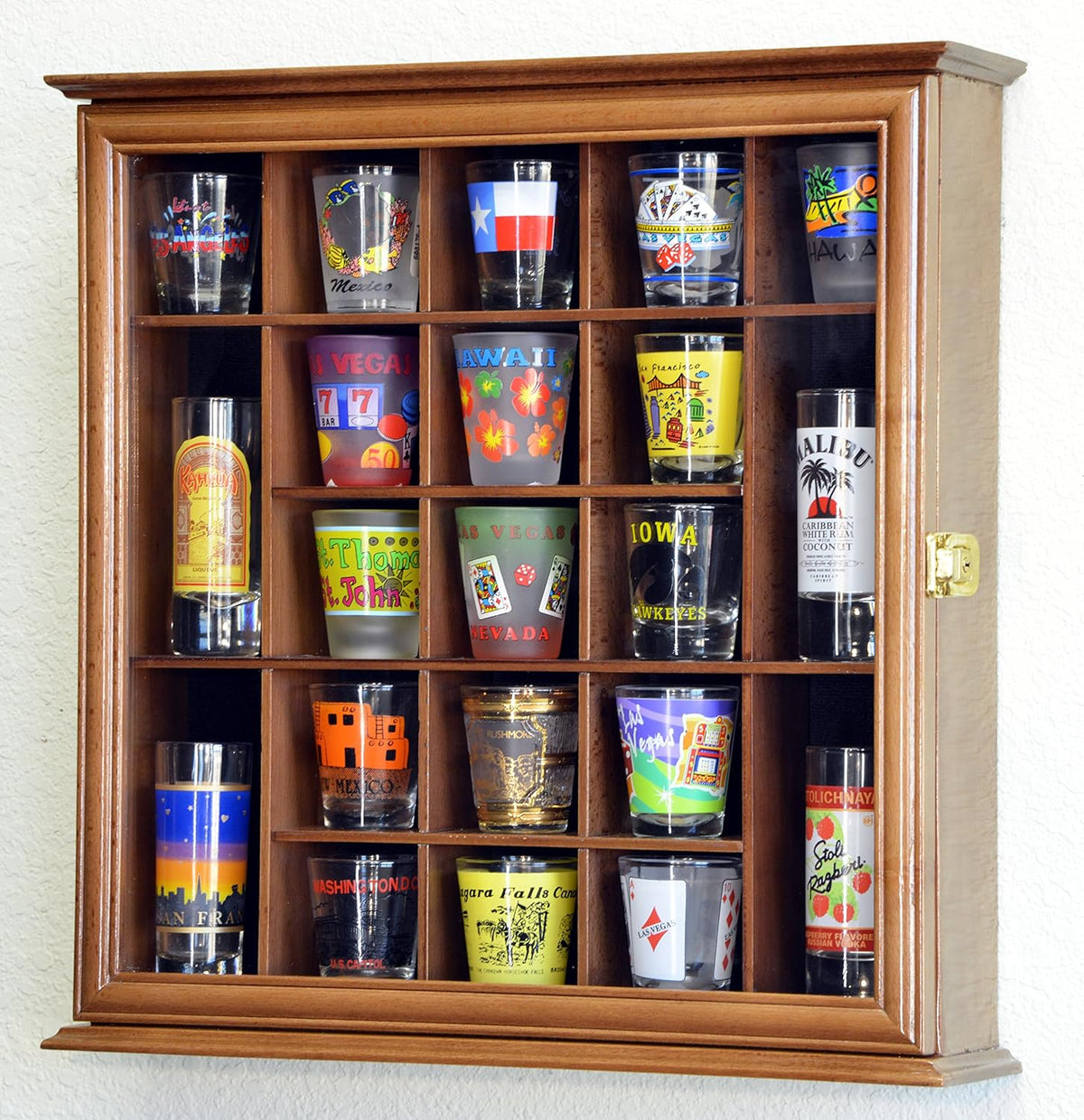 Walnut Lockable Wall Rack Display Case for 21 Shot Glasses U4677