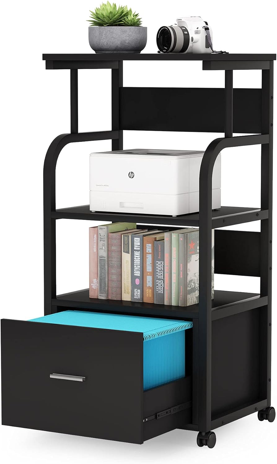 Black 3 Tier Mobile File Cabinet with Printer Shelf and Legal Size Drawer J7280