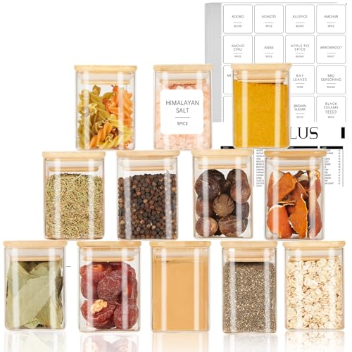 12 Pcs Glass Spice Jars with Bamboo Airtight Lids, 6 oz Spice Containers Q6585