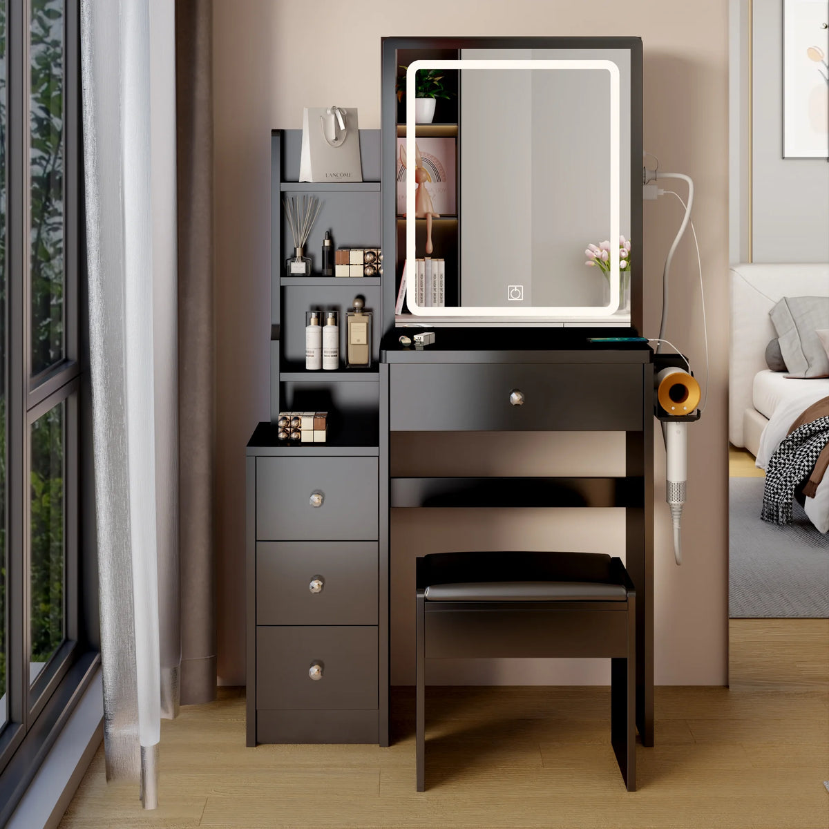 White Vanity Table with Lighted Mirror and Stool M44148