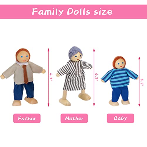 Large Pink Wooden Dollhouse with 15 Pcs Furniture & 3 Dolls H920