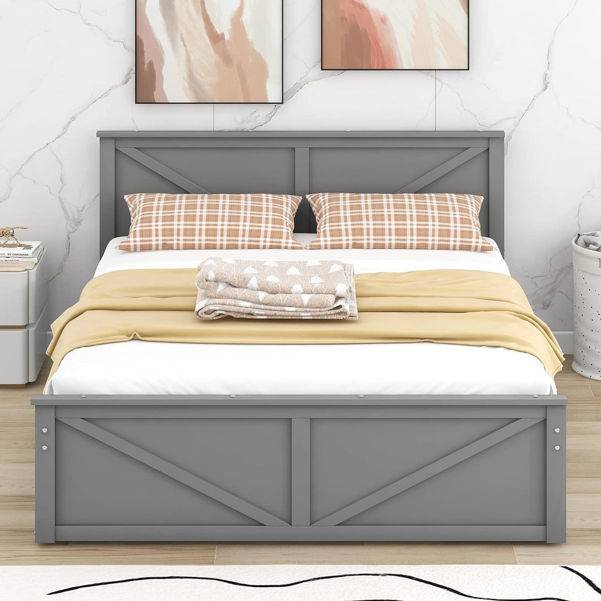 Gray Queen Wood Platform Bed with 4 Storage Drawers M922873