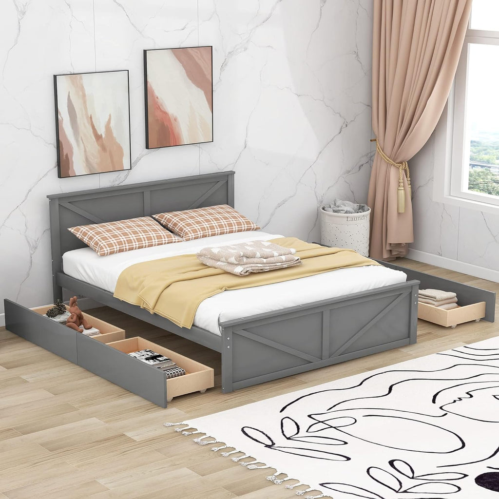 Gray Queen Wood Platform Bed with 4 Storage Drawers M922873