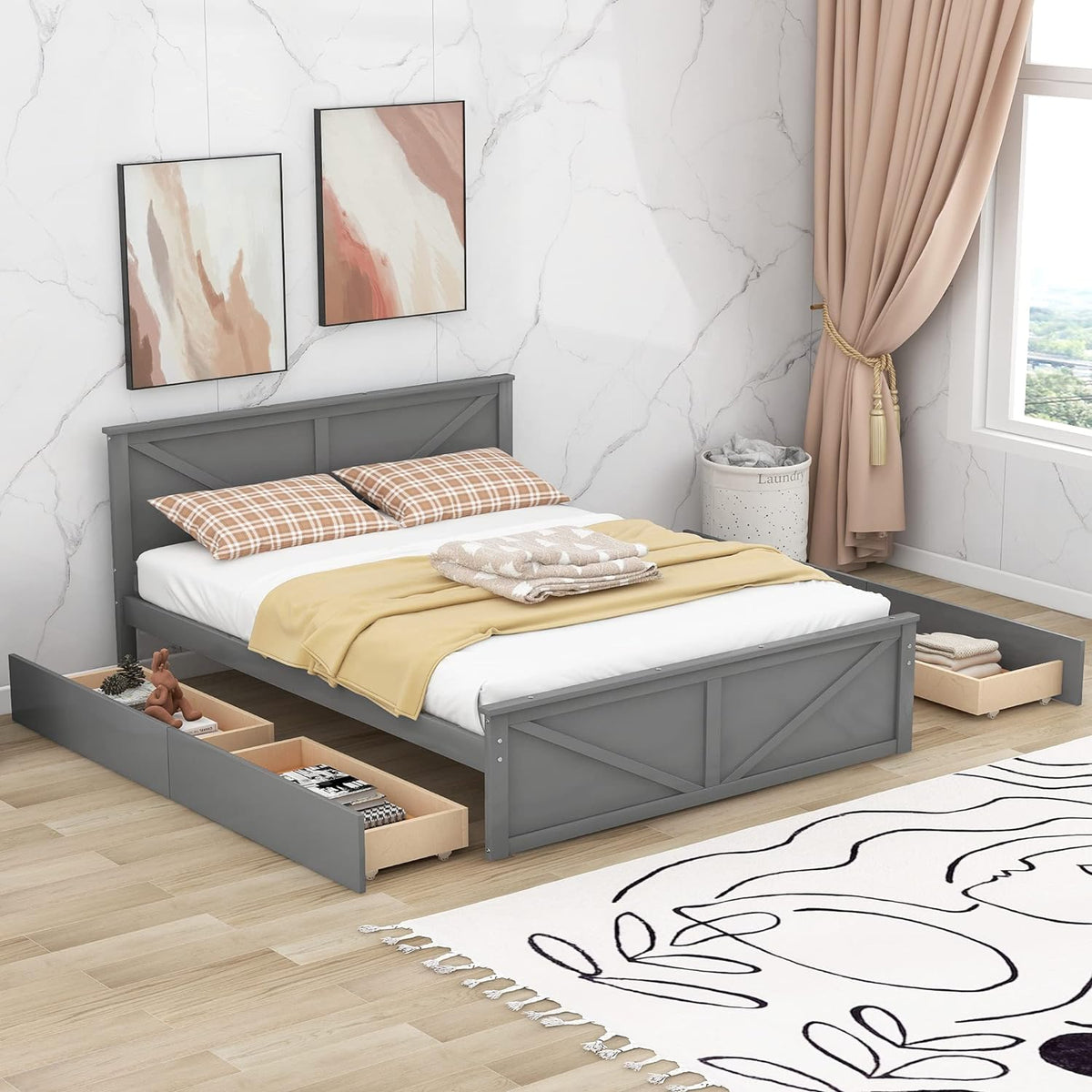 Gray Queen Wood Platform Bed with 4 Storage Drawers M922873
